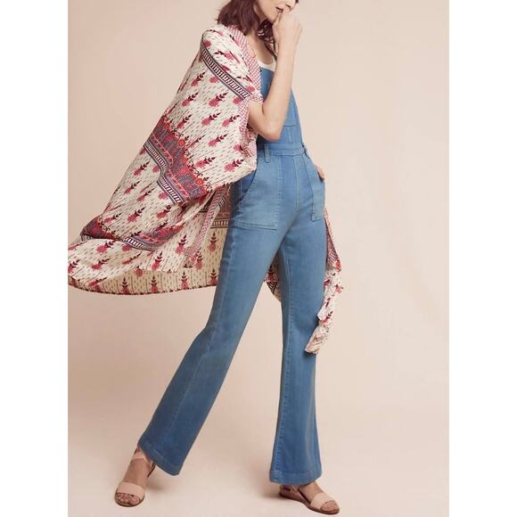 ANTHROPOLOGIE LILKA Kalyse Printed Kimono Women Ones Size White Pink Floral Boho - Picture 1 of 13
